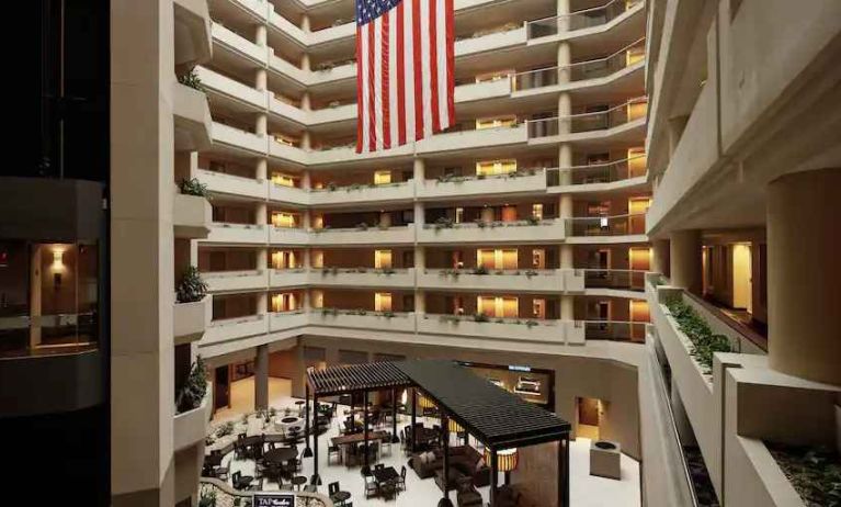 Aerial view of a hotel workspace at the Embassy Suites by Hilton Crystal City National Airport.