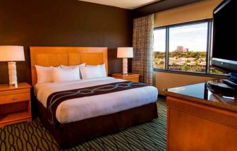 King suite with TV screen and window at the DoubleTree Suites by Hilton Orlando - Disney Springs Area.