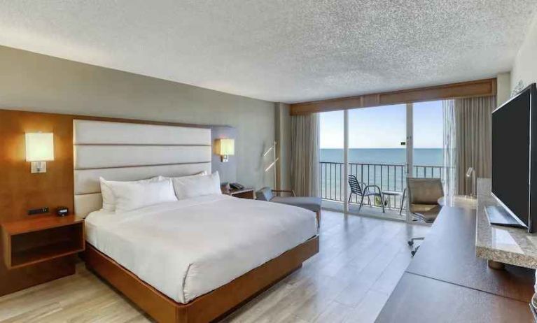 King size bed, TV screen and window in a hotel room at the DoubleTree Beach Resort by Hilton Tampa Bay - North Redingto.