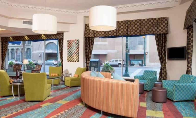 Comfortable lobby workspace with lounges at the Hampton Inn Indianapolis Dwtn Across from Circle Centre.