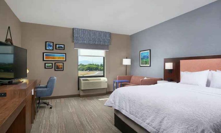 King bedroom with desk, window and sofa at the Hampton Inn Burley.