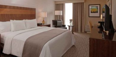 King guestroom with desk and TV screen at the DoubleTree by Hilton Pittsburgh Green Tree.