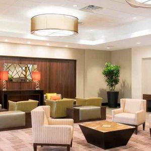 Lobby workspace at the DoubleTree by Hilton Grand Rapids Airport.