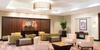 Lobby workspace at the DoubleTree by Hilton Grand Rapids Airport.