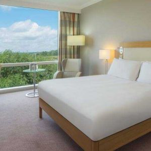 Bright king bedroom with view at the Hilton Reading.