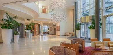 Elegant lobby workspace at the Hilton Reading.