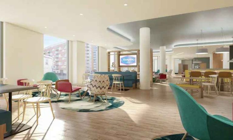 Comfortable and stylish lobby workspace at the Hampton by Hilton Manchester Northern Quarter.