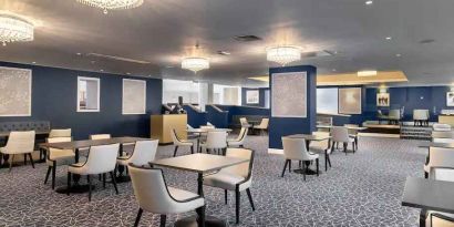 Spacious restaurant area perfect as workspace at the Hilton London Gatwick Airport.