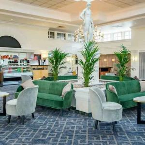 Elegant lobby workspace with lounges at the Hilton Northampton.