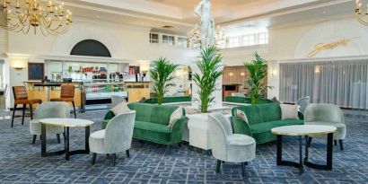 Elegant lobby workspace with lounges at the Hilton Northampton.