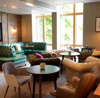 Comfortable lobby workspace at the Hilton Garden Inn Birmingham Brindleyplace.