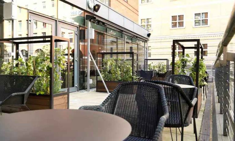 Outdoor patio perfect as workspace at the Hilton Garden Inn Birmingham Brindleyplace.