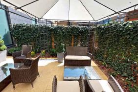 Outdoor patio perfect for co-working at the DoubleTree by Hilton London Angel Kings Cross.