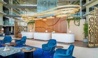 Stylish lobby workspace at the Hilton London Heathrow Airport.