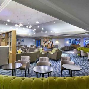 Stylish and comfortable lobby workspace at the DoubleTree by Hilton Bristol North.