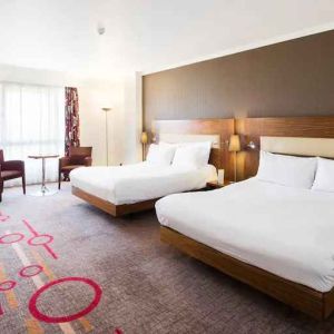 Double room with desk and window at the DoubleTree by Hilton Dartford Bridge.