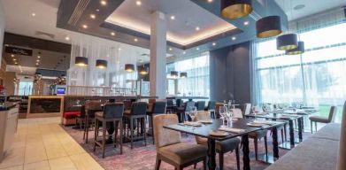 Restaurant area perfect for co-working at the Hilton Garden Inn Birmingham Airport UK.