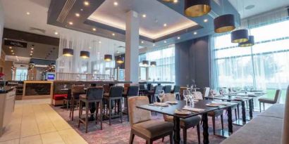 Restaurant area perfect for co-working at the Hilton Garden Inn Birmingham Airport UK.