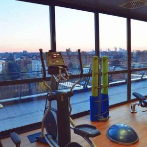 Fitness center with view at the Hilton Garden Inn Milan North.