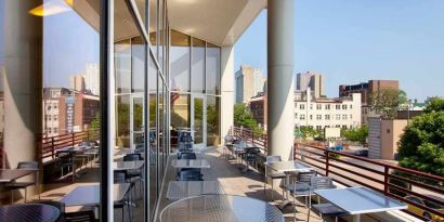 pretty outdoor terrace ideal as a coworking space at Homewood Suites by Hilton University City Philadelphia, PA.