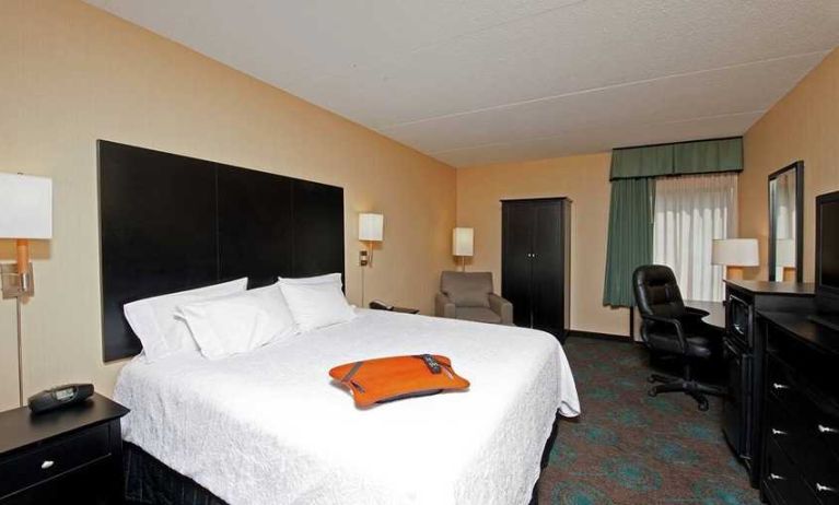 comfortable king room with TV and work desk at Hampton Inn Bloomington.