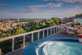 Beautiful terrace with jacuzzi overlooking the city at the Rome Cavalieri, A Waldorf Astoria Hotel.