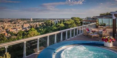 Beautiful terrace with jacuzzi overlooking the city at the Rome Cavalieri, A Waldorf Astoria Hotel.