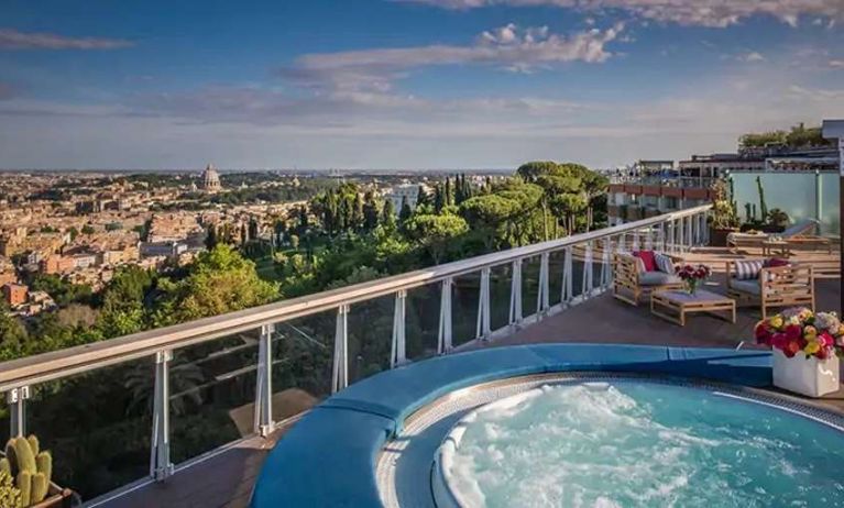 Beautiful terrace with jacuzzi overlooking the city at the Rome Cavalieri, A Waldorf Astoria Hotel.