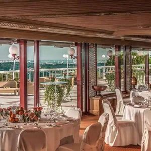 Dining area perfect for co-working at the Rome Cavalieri, A Waldorf Astoria Hotel.