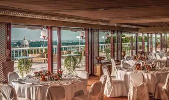 Dining area perfect for co-working at the Rome Cavalieri, A Waldorf Astoria Hotel.