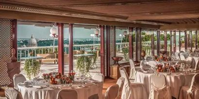 Dining area perfect for co-working at the Rome Cavalieri, A Waldorf Astoria Hotel.