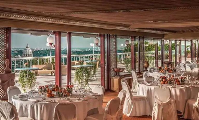 Dining area perfect for co-working at the Rome Cavalieri, A Waldorf Astoria Hotel.