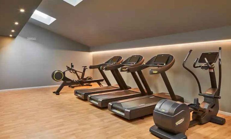 Fitness center with treadmills at the DoubleTree by Hilton Trieste.