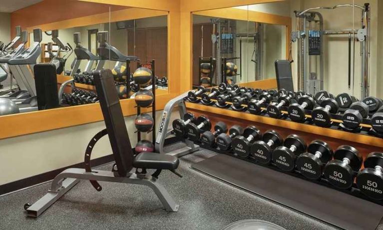 well equipped fitness center with weights and treadmills at Hilton Garden Inn Troy.