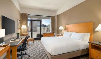 spacious king suite with work desk and city views at Hilton San Francisco Financial District.