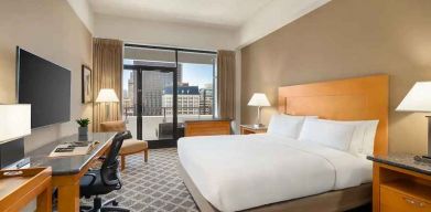 spacious king suite with work desk and city views at Hilton San Francisco Financial District.