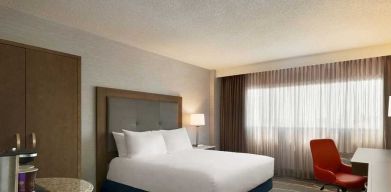 spacious king room with work desk and coffee station at DoubleTree by Hilton Hotel Albuquerque.