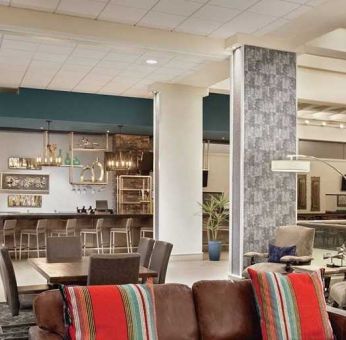 spacious lobby lounge and coworking space at DoubleTree by Hilton Hotel Albuquerque.