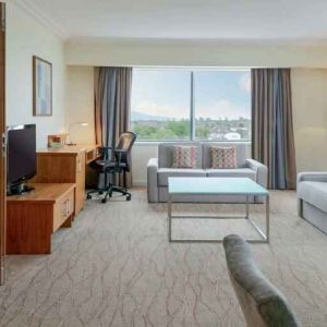 Comfortable living room in a hotel suite at the Hilton Dublin Airport.