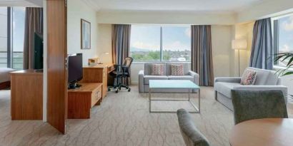 Comfortable living room in a hotel suite at the Hilton Dublin Airport.