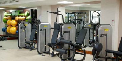 Fitness center with machines at the Hilton Dublin Airport.