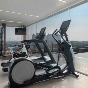 Fitness center with treadmills at the Hilton Garden Inn Jakarta Taman Palem.