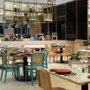 Dining area perfect for co-working at the Hilton Garden Inn Jakarta Taman Palem.