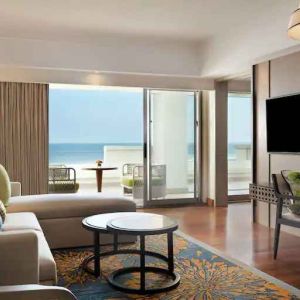 Comfortable living room with working station at the Hilton Bali Resort.