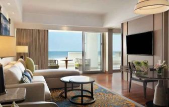 Comfortable living room with working station at the Hilton Bali Resort.