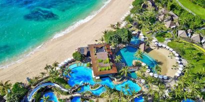 Aerial view of the hotel beach at the Hilton Bali Resort.