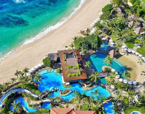 Aerial view of the hotel beach at the Hilton Bali Resort.