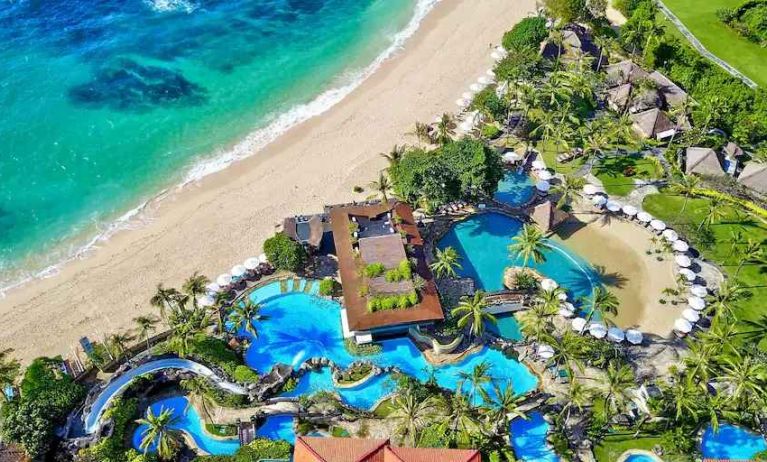 Aerial view of the hotel beach at the Hilton Bali Resort.