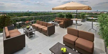 Beautiful terrace overlooking the park at the Hilton Munich Park.