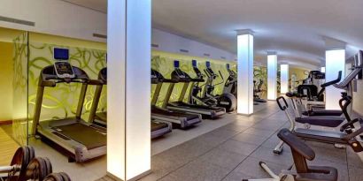 Fitness center with treadmills at the Hilton Frankfurt Airport.